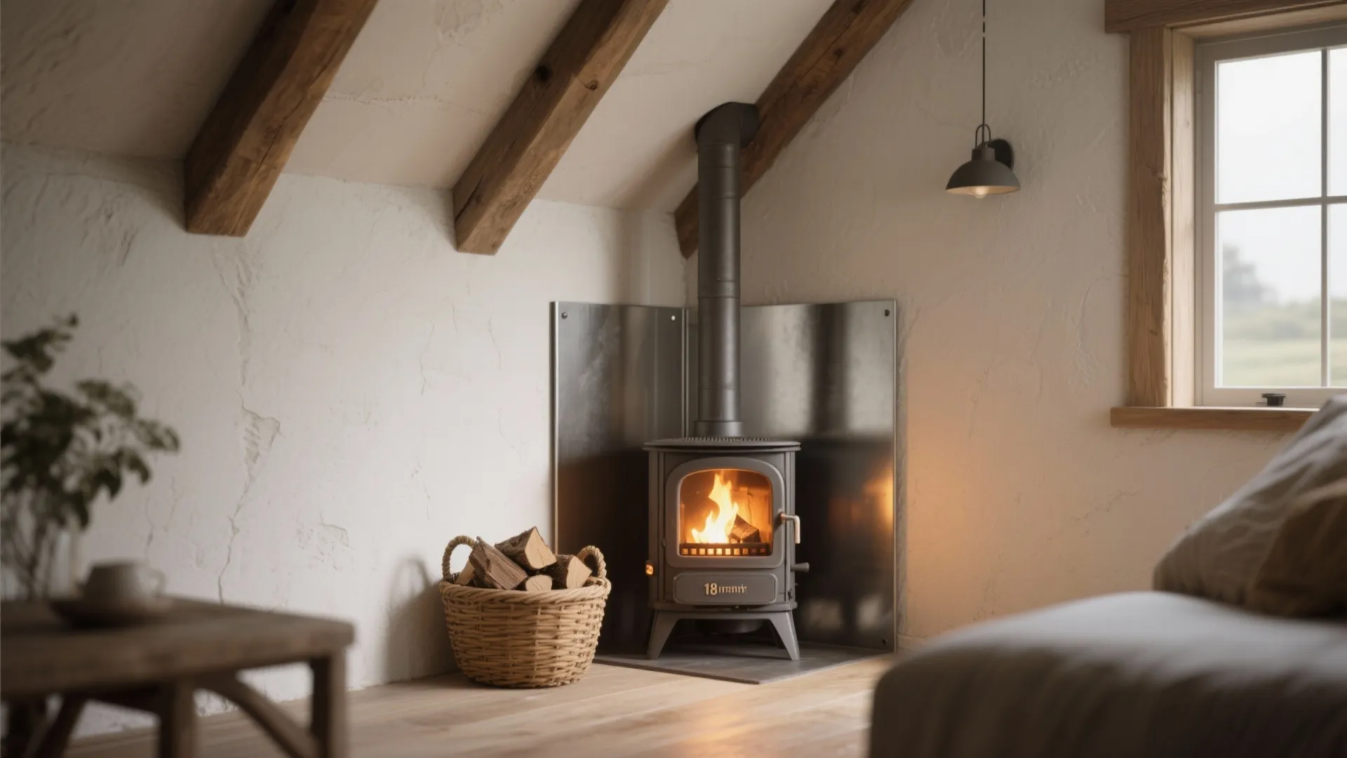 Small black wood stove with fire inside a corner with white walls wood beams light
