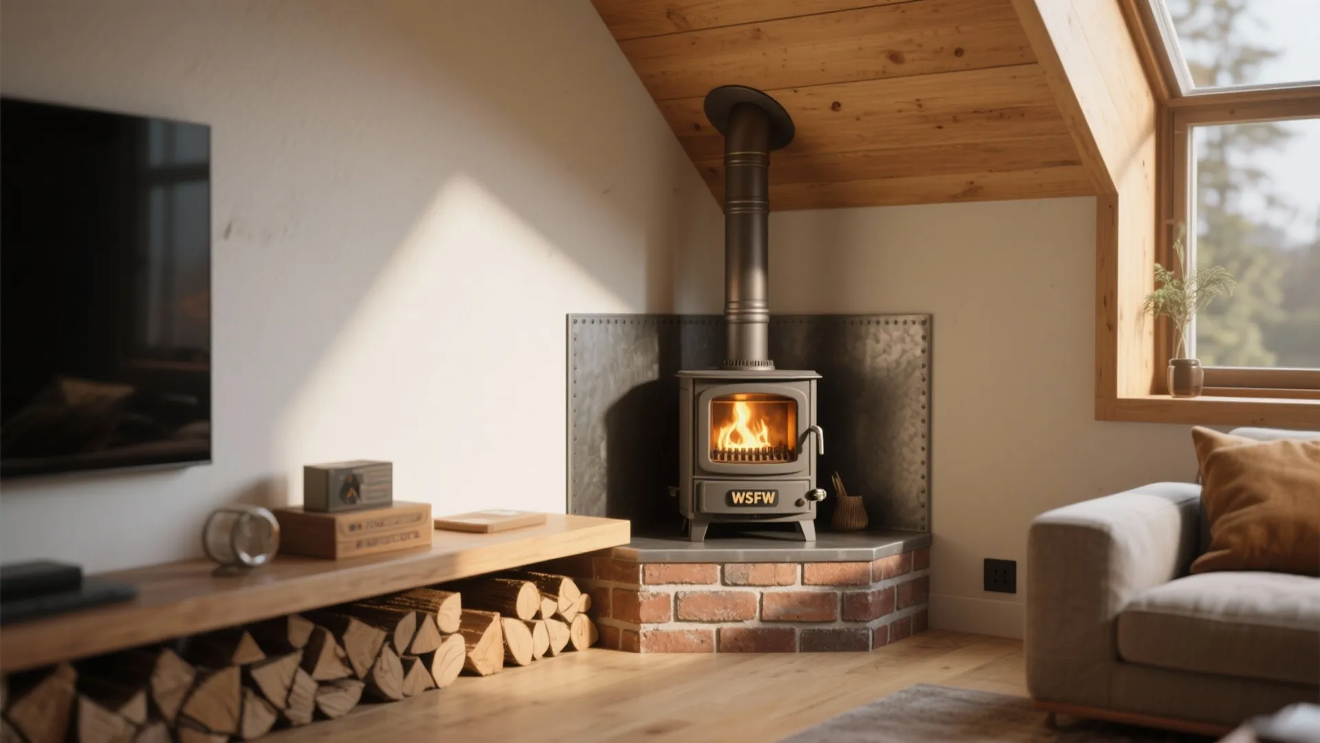 Modern black wood burning stove in living room corner with brick base and wood storage
