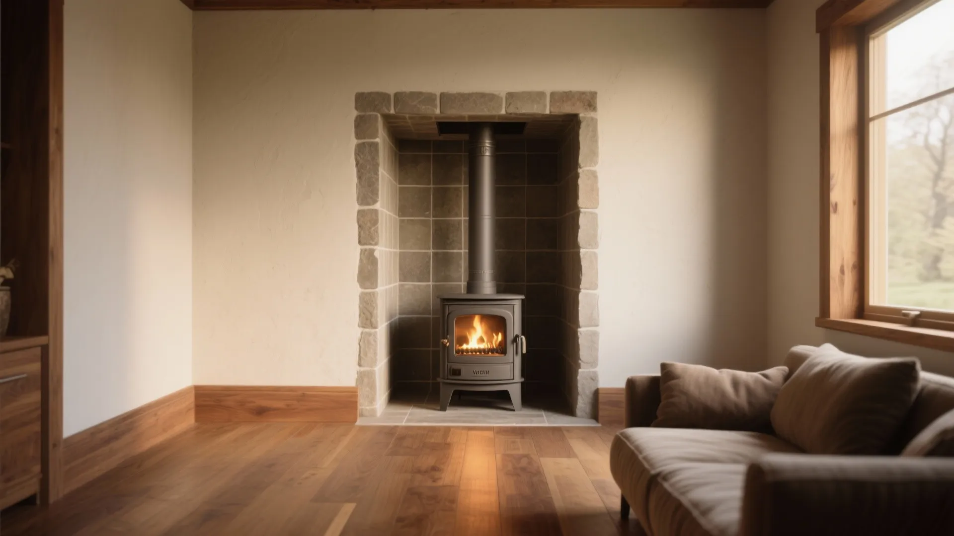 Modern wood stove placed inside a stone fireplace alcove within a minimalist wooden floor room
