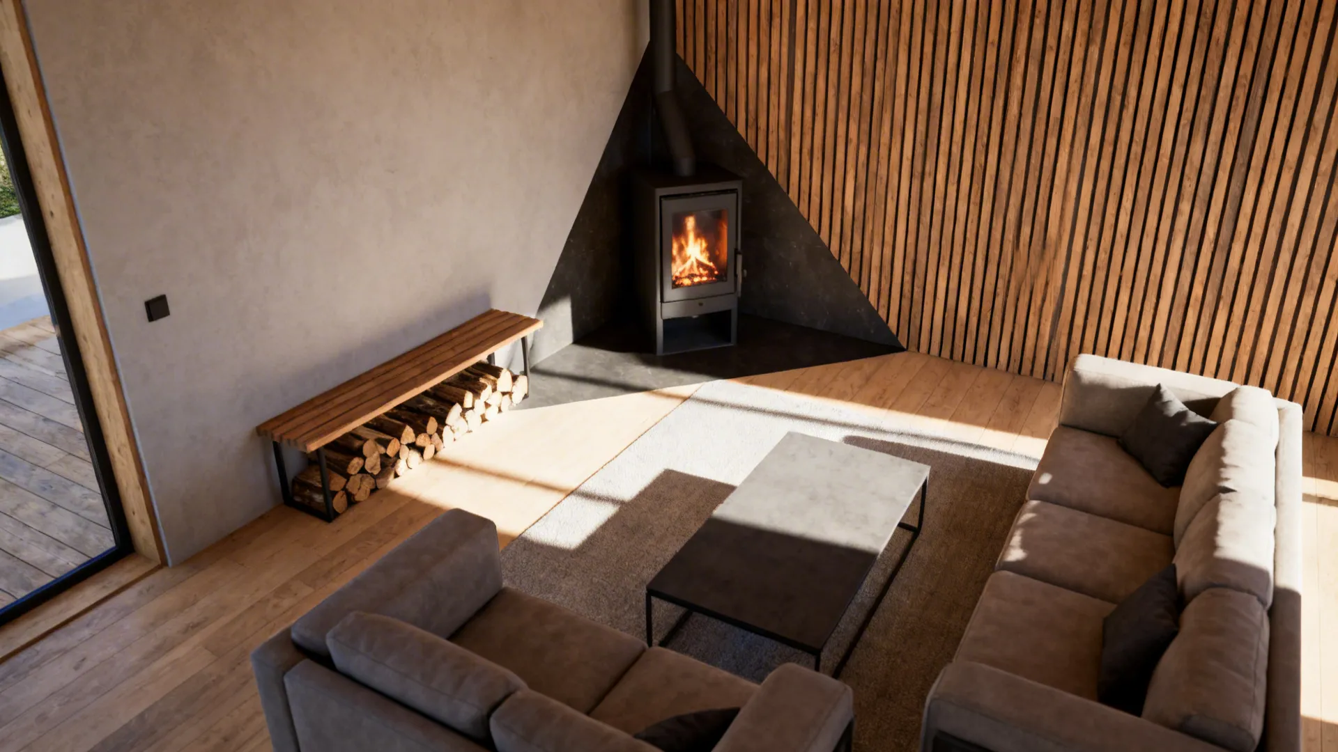 Modern living room featuring corner stove wood wall panel grey sofa coffee table and rug