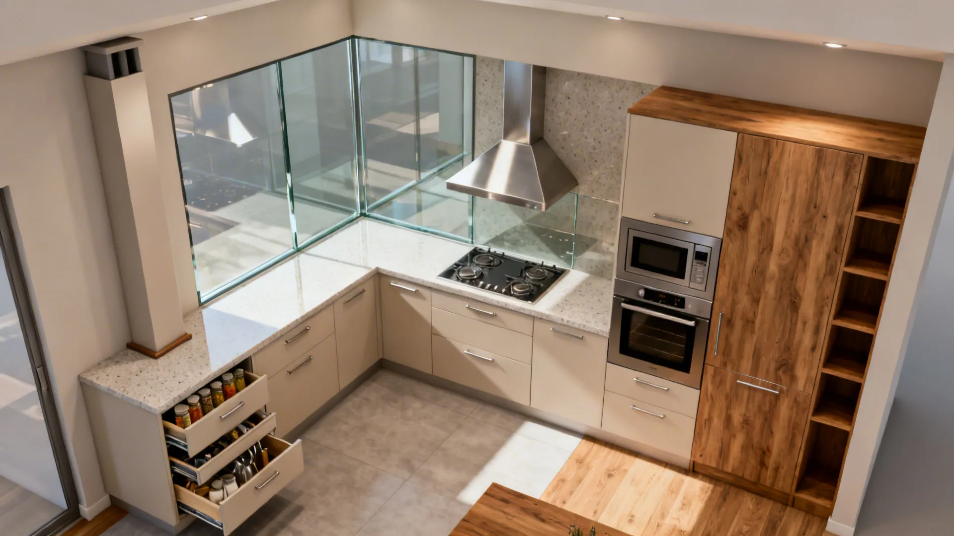 Modern kitchen with corner windows, stove, range hood, wooden tall cabinets, and open spice drawers