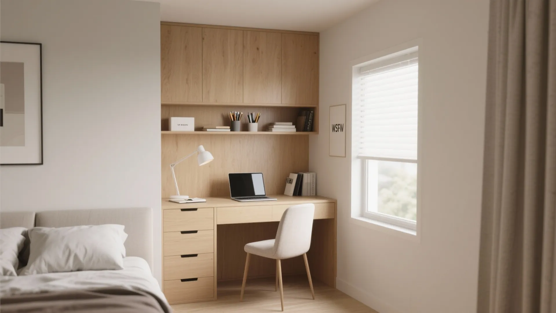 Minimalist wooden study desk with laptop chair and wall cabinet in a bright bedroom corner scene