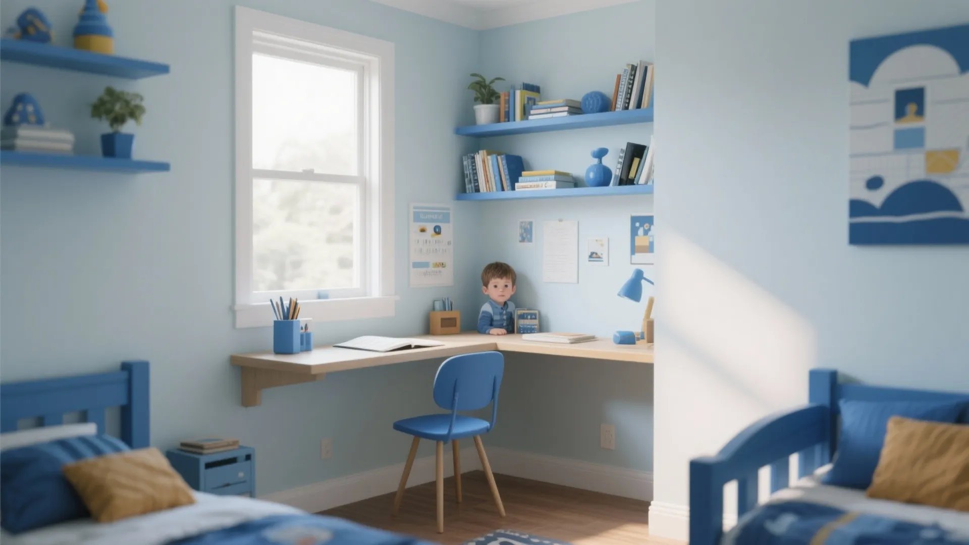 Blue child bedroom featuring a corner wooden desk with blue chair bookshelves and a window