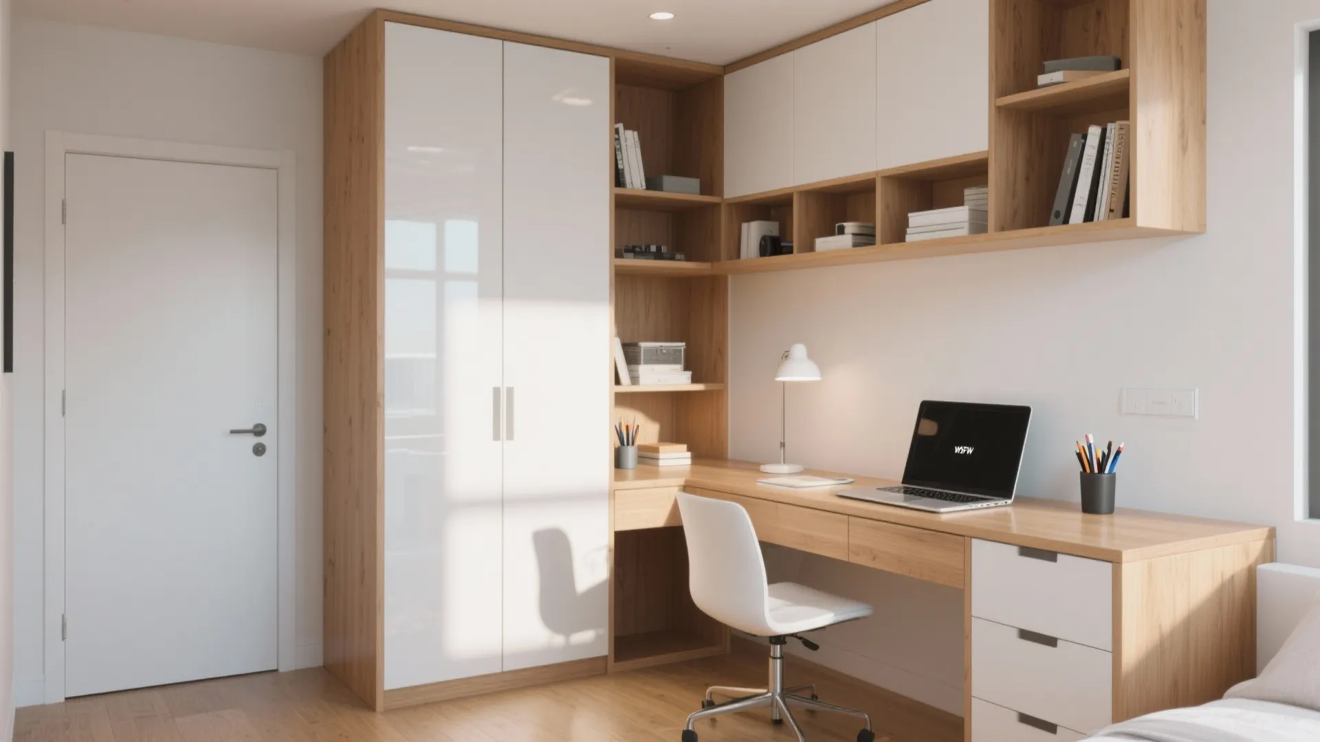 Modern wood corner desk featuring white storage cabinets integrated with a matching large white wardrobe unit