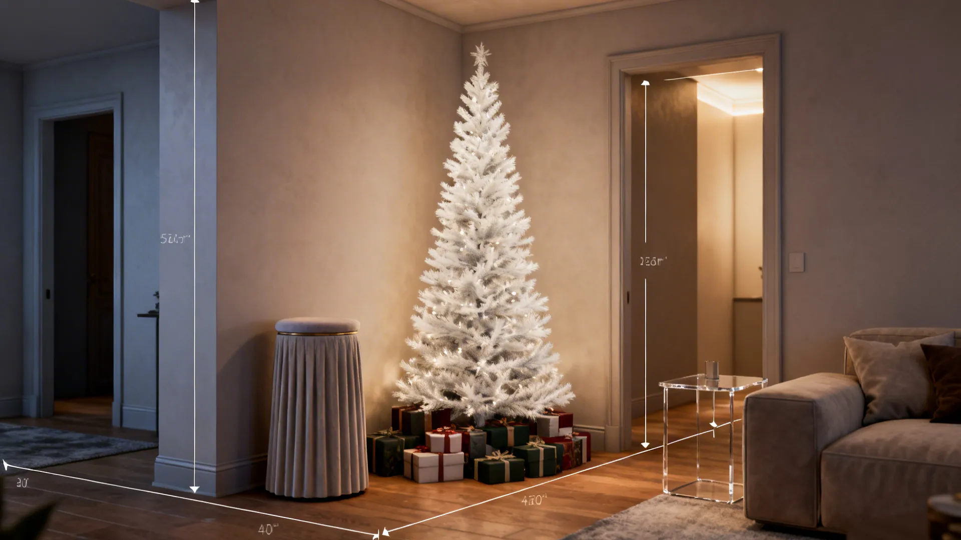 Slim white Christmas tree styled in a tight corner with stacked presents and a narrow skirted base.