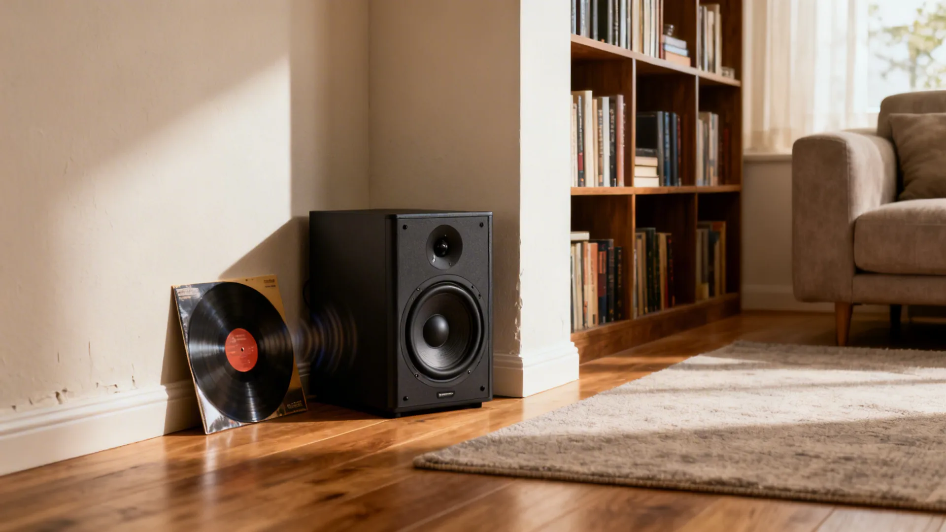 Subwoofer placed in a room corner between two walls, showing reinforced bass placement.