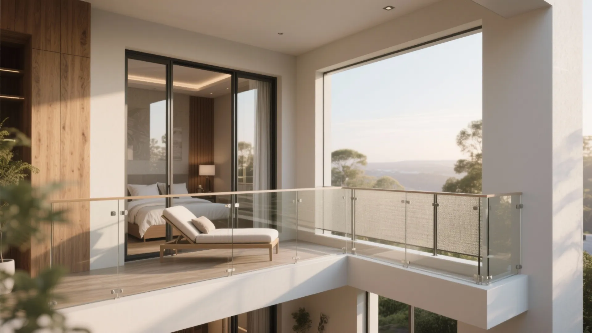 Corner balcony off the primary bedroom with glass and screen panels for breezes and privacy.
