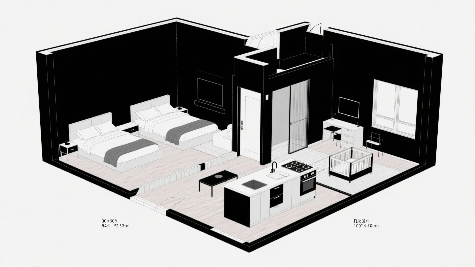 Top-down CAD plan with corner primary suite, two secondary rooms, and a flex node