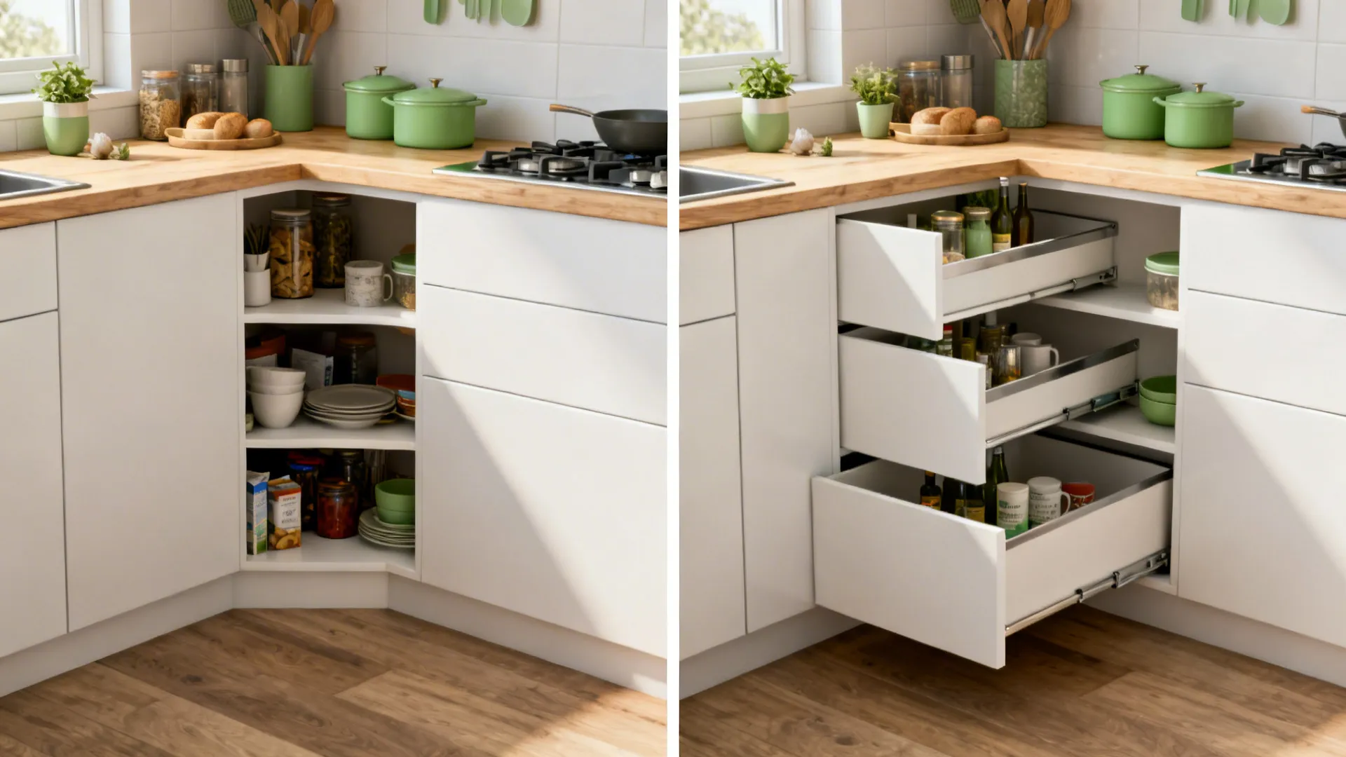 Before-and-after comparison of a small kitchen corner upgraded with modern storage solutions and clean styling.