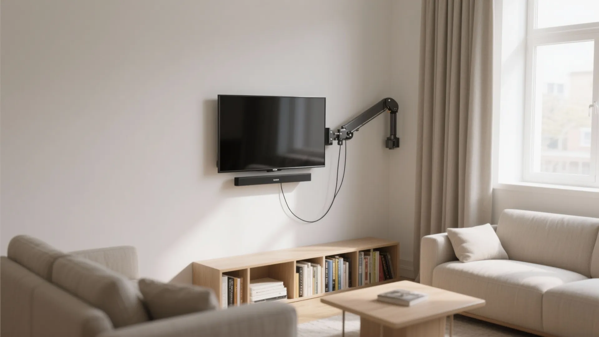 Modern black wall mount holding a television in a bright living room with sofa and curtains