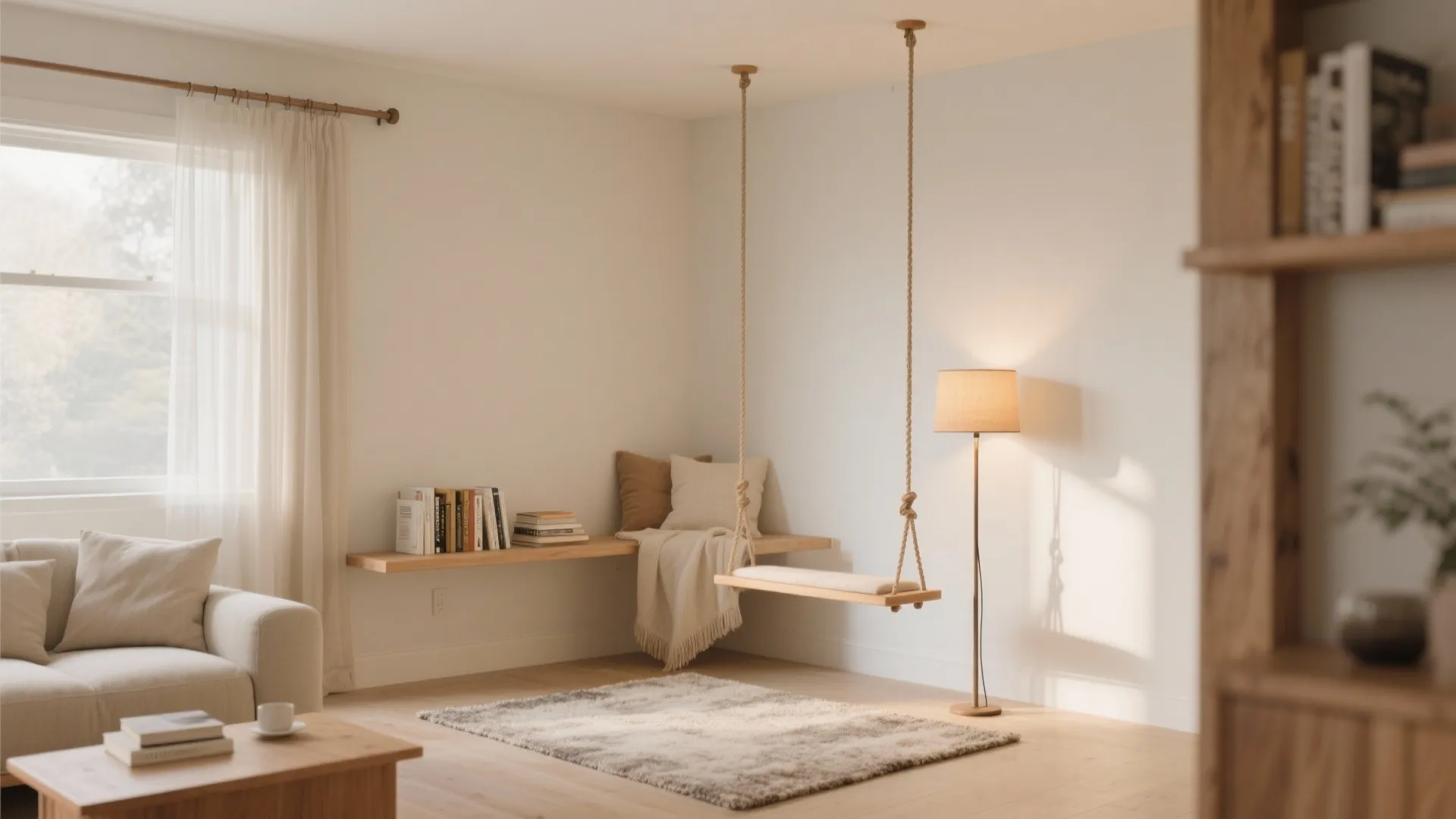 Cozy room corner with wooden swing floor lamp wooden shelf rug and white window curtains