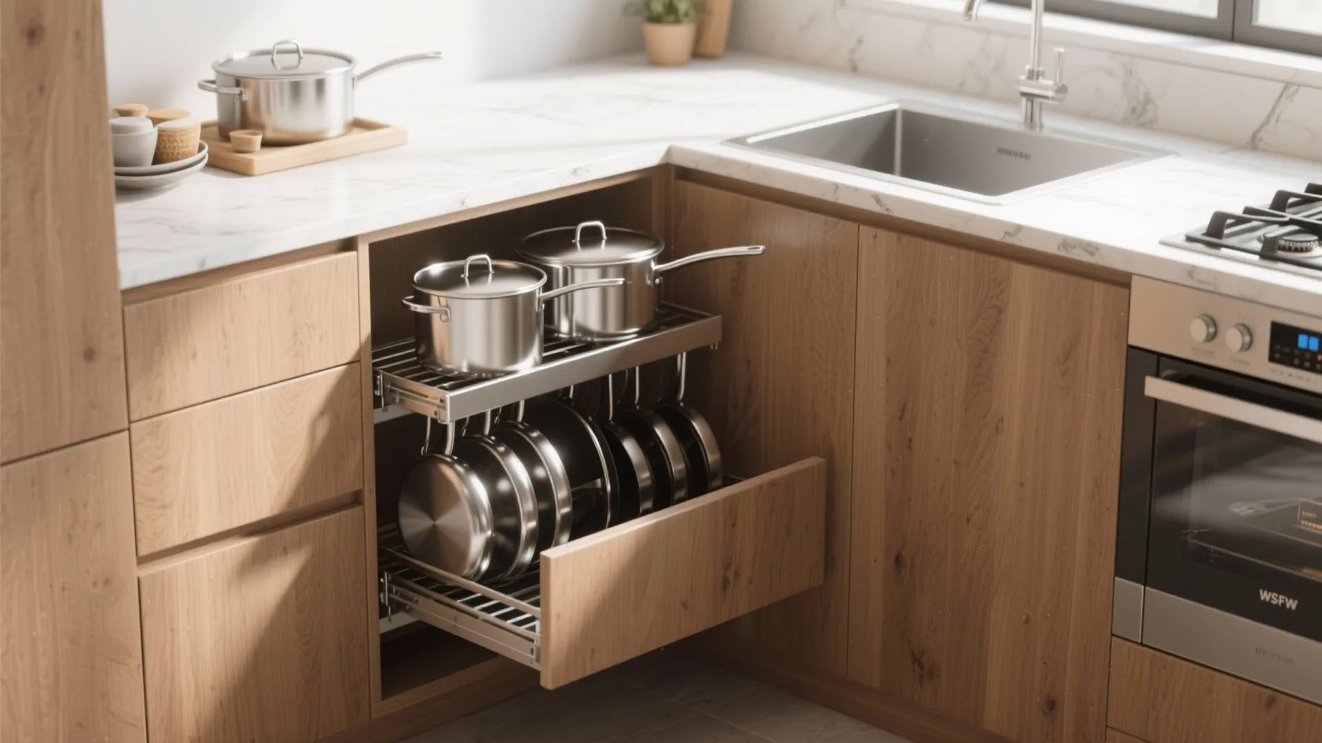 Compact kitchen corner with swing-out shelves storing cookware