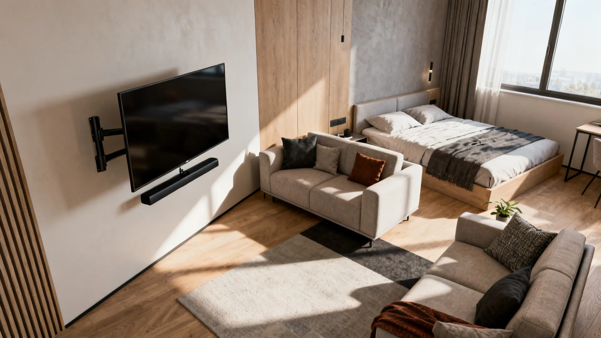Corner-mounted TV on a swiveling arm with a soundbar beneath in an open-plan studio
