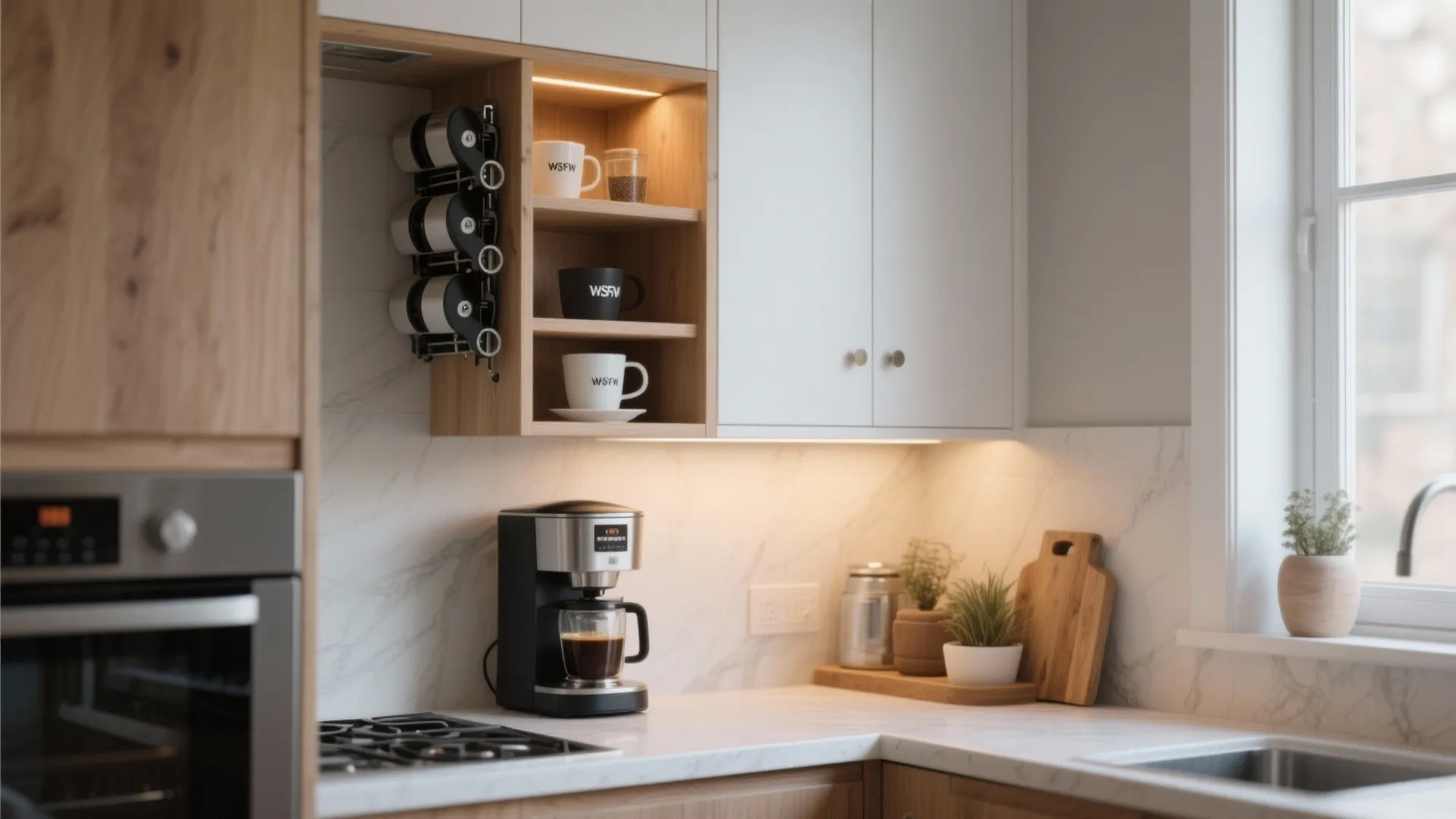 Modern kitchen corner with coffee machine white marble countertop wooden shelves and white upper wall cabinets