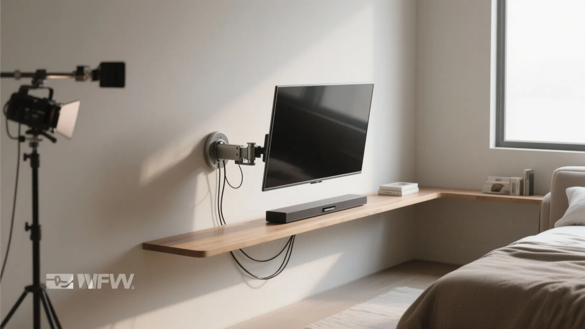 Swivel television wall mount in a bedroom showing adjustable viewing angle above a wooden shelf