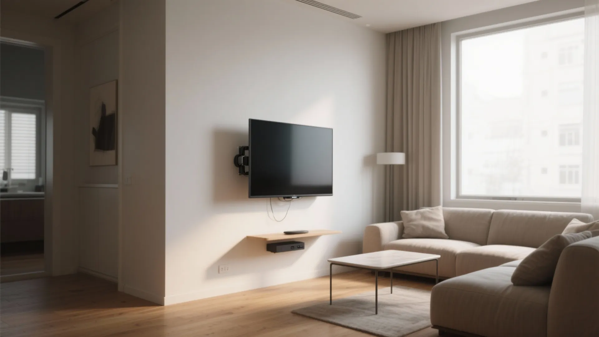 Modern living room with wall mounted television on a swivel bracket beside a beige sofa