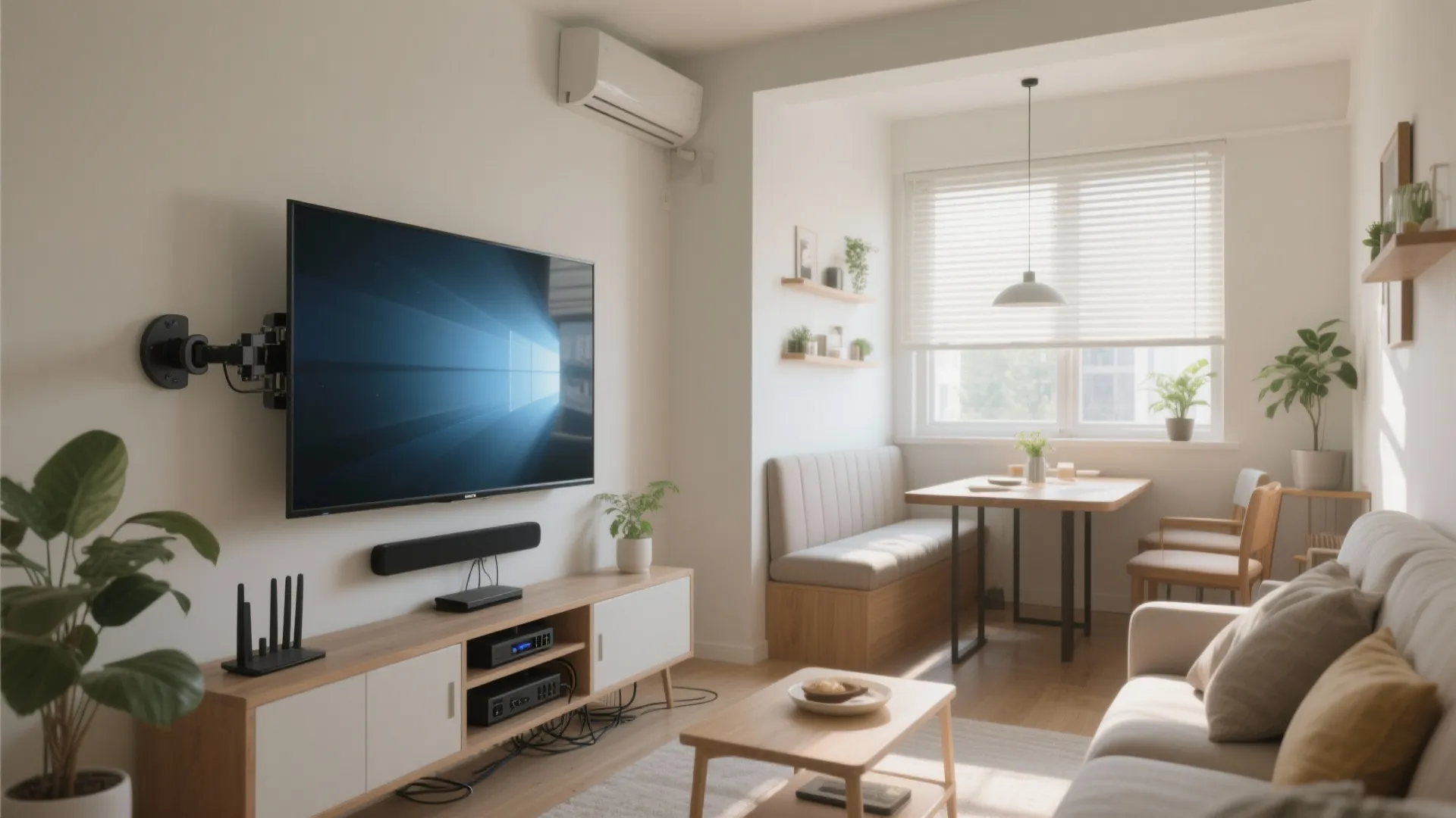 Corner-mounted swivel TV serving both sofa and dining banquette with light-filtering shades.