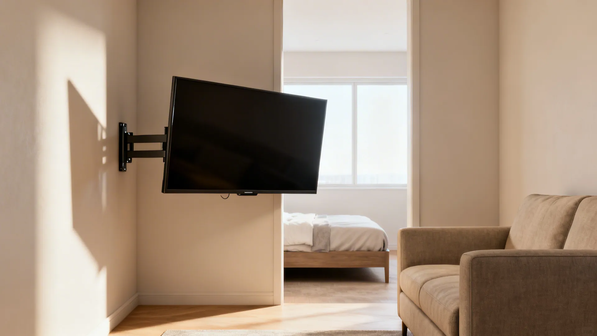 40-inch TV on a swivel mount in the corner of a compact living room, angled toward seating