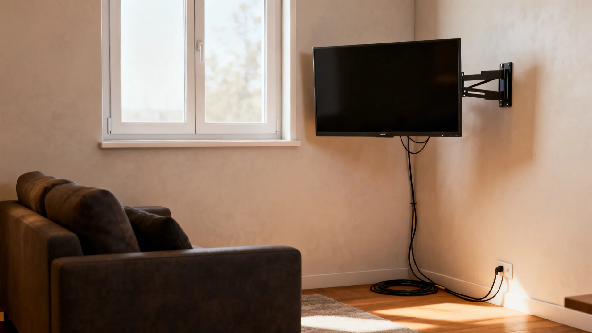 Corner-mounted TV on a swivel arm angled toward seating with tidy cable management