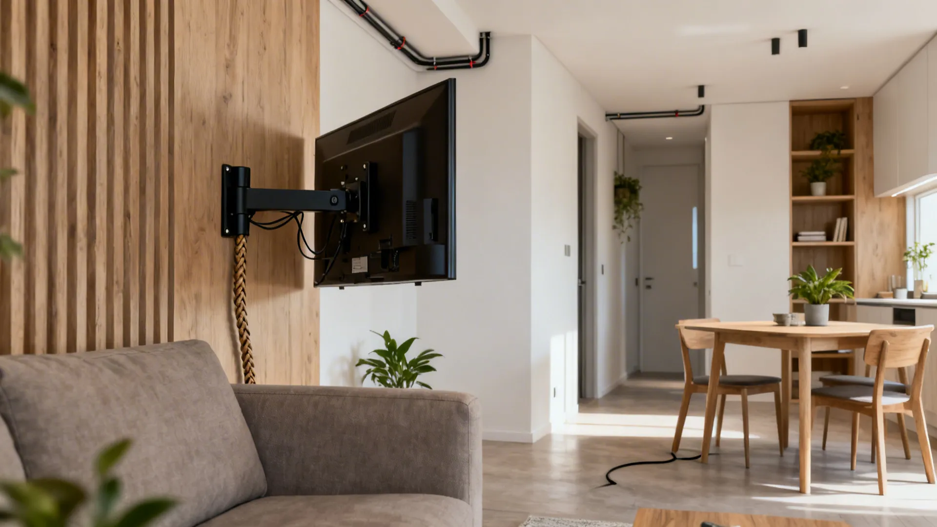 Corner-mounted TV on a swivel arm serving both living and dining areas.