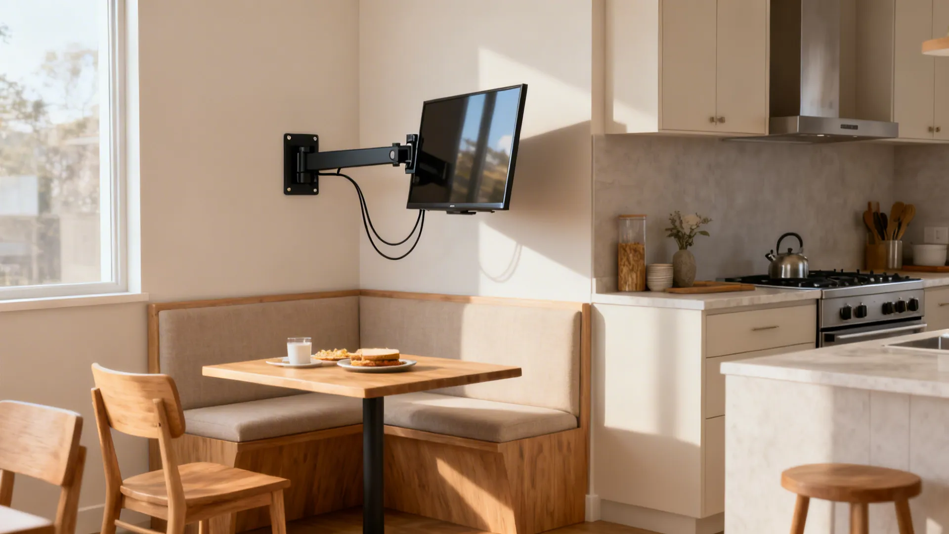 Corner-mounted 28-inch TV on a swivel arm serving both the kitchen prep zone and breakfast nook.