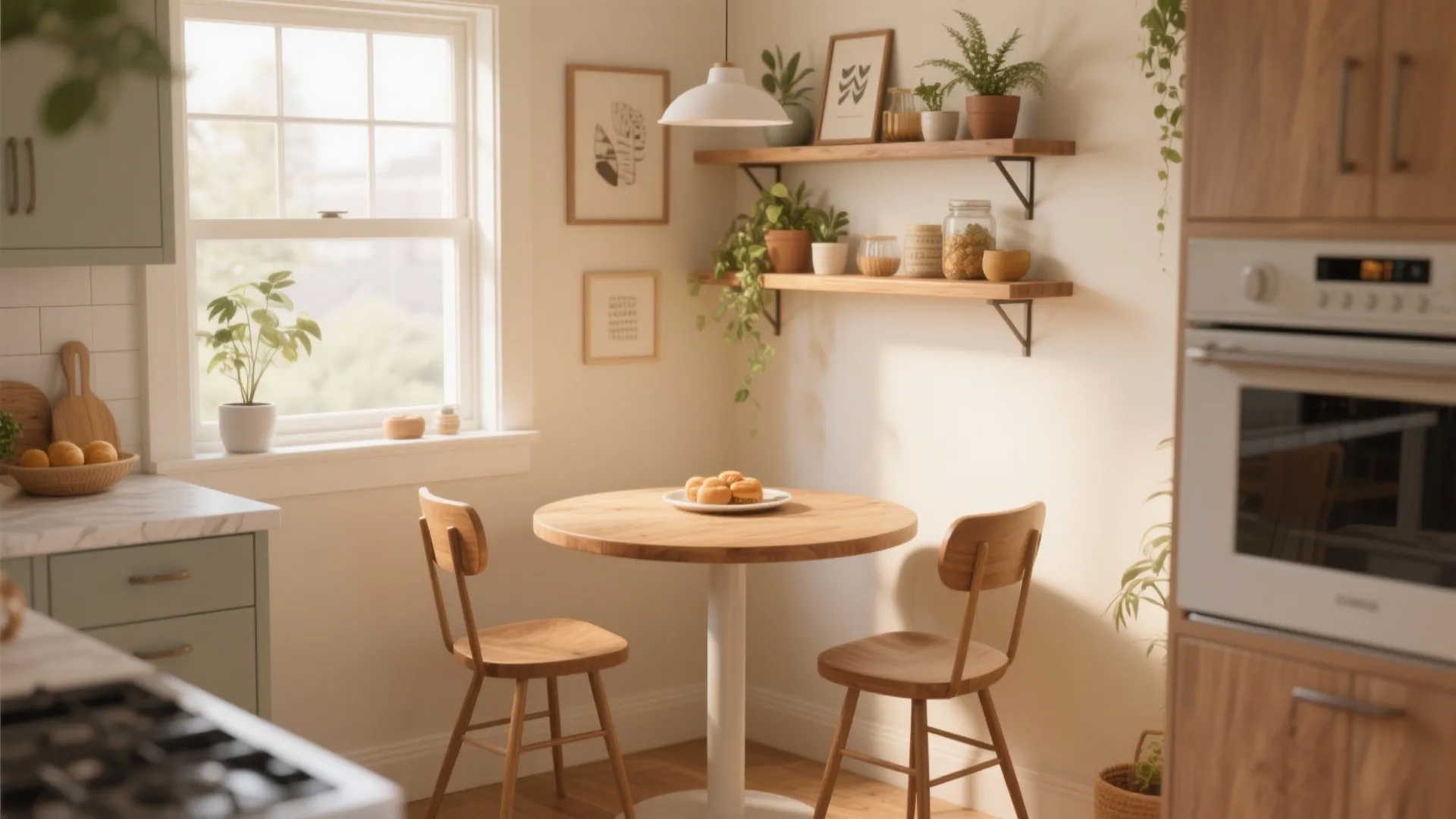 Small round wooden dining table with two chairs in a bright corner with wall wooden shelves