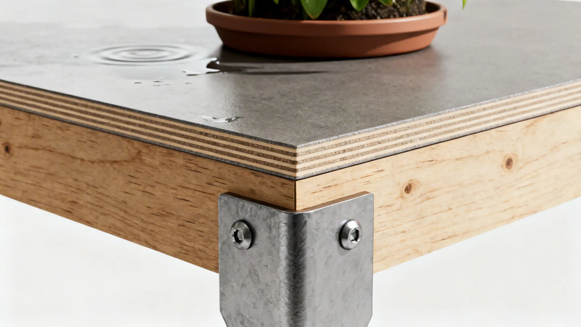 Close-up of corner table edge, metal bracket, and waterproofed tabletop with plant saucer.