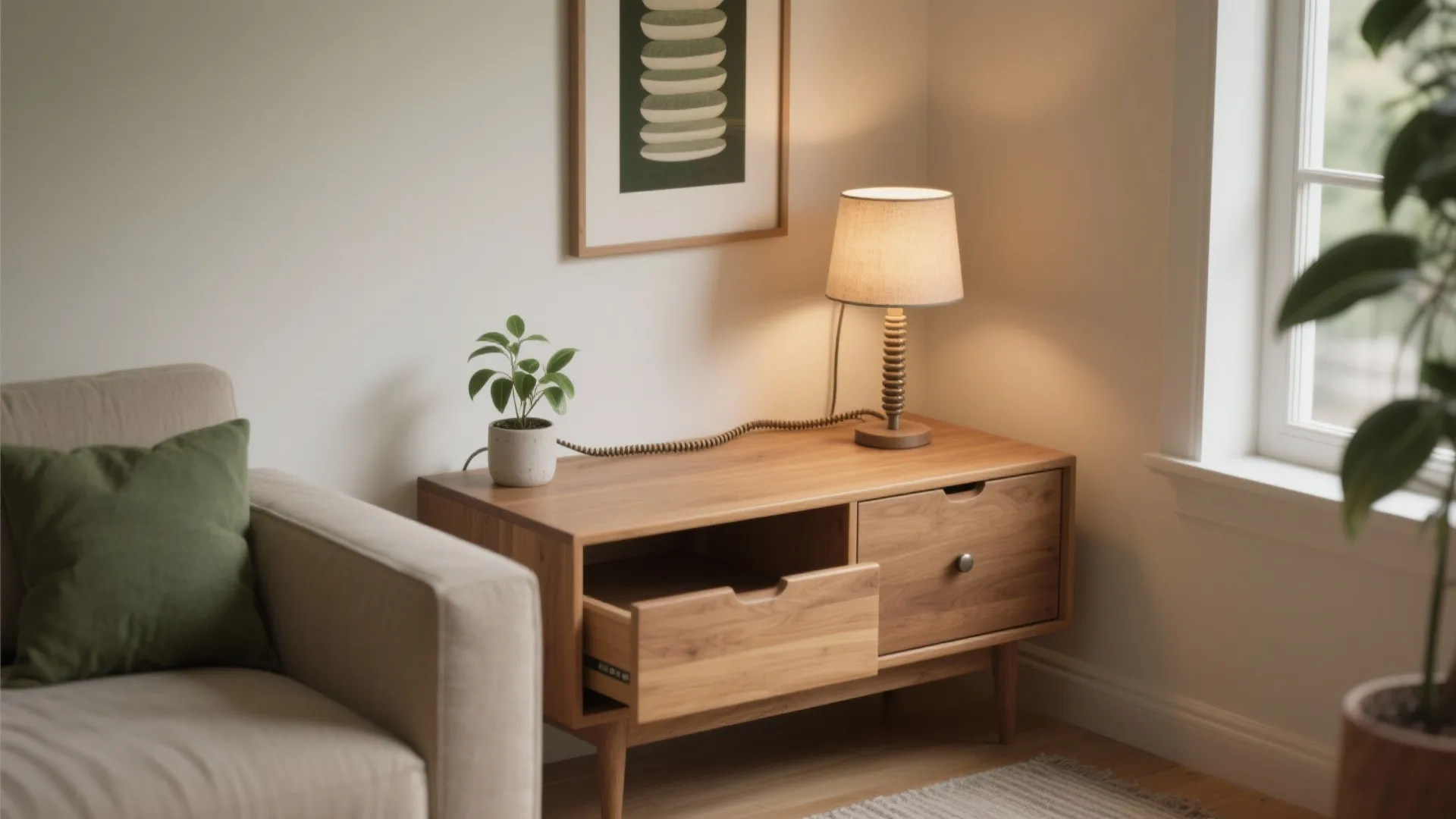 Small wooden cabinet with open drawer next to beige sofa with lamp and green plant