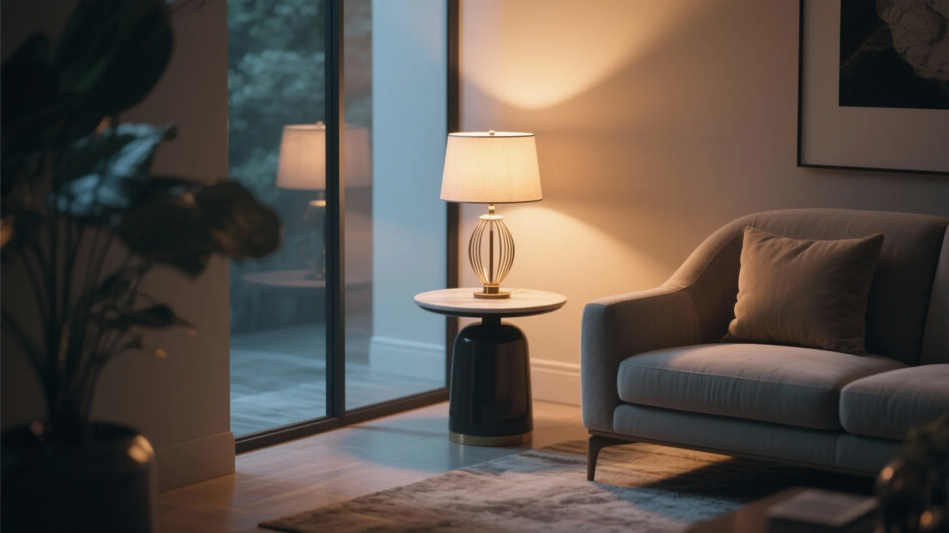 Small side table with accent lamp in a living room corner