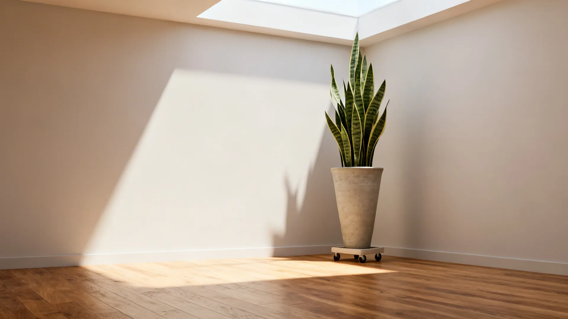 Tall snake plant in a tapered planter on a light dolly placed in a living room corner.