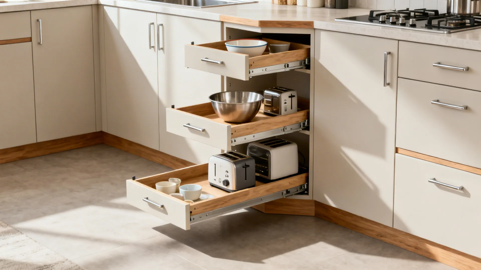 Corner tall kitchen unit with swing-out trays displaying bowls and small appliances.