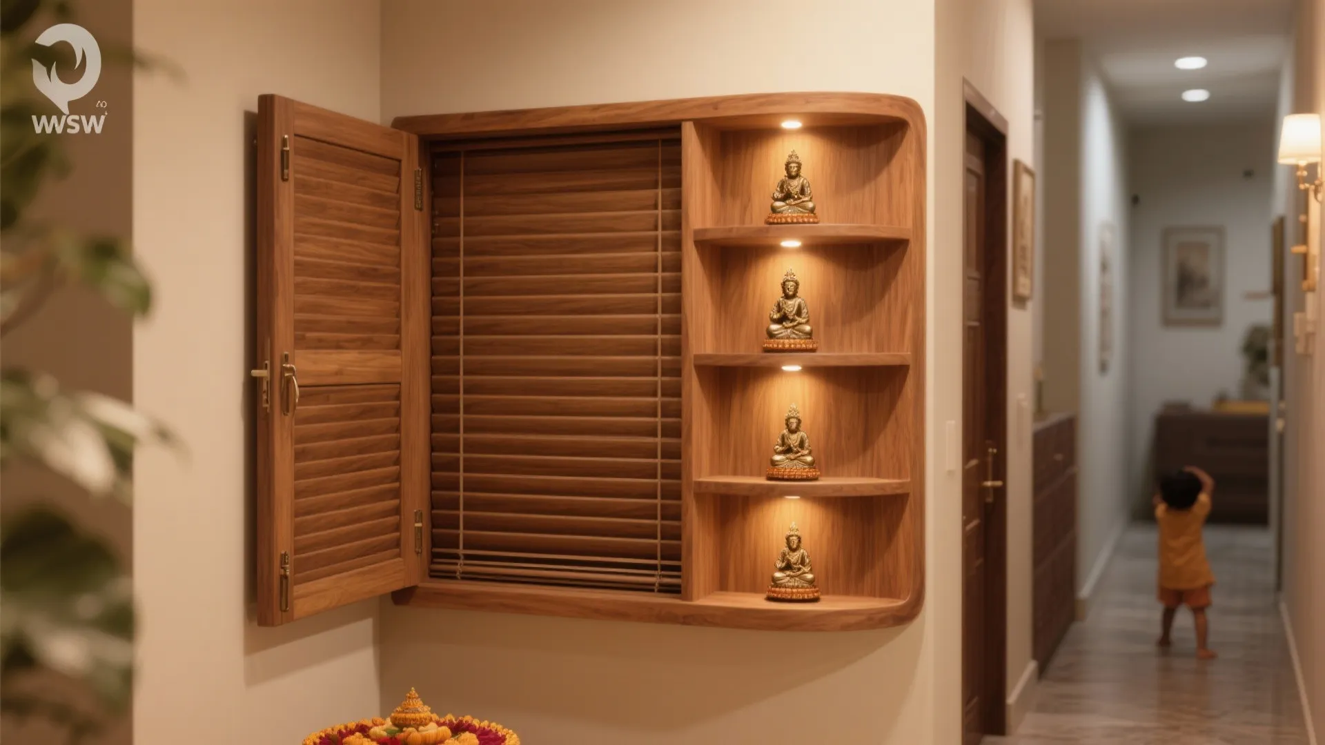 Wooden wall cabinet with window blinds and lighted shelves holding small statues in home hallway