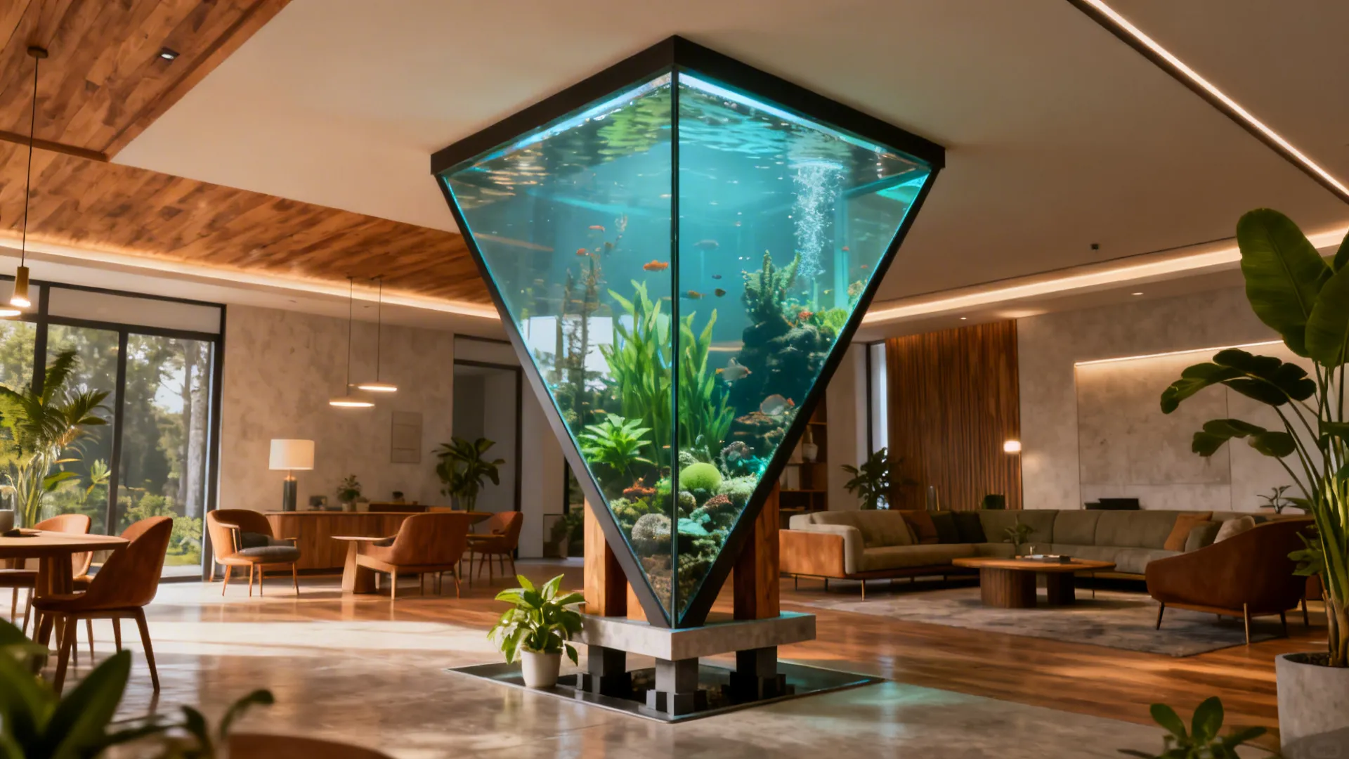 Tall triangular corner aquarium dividing an open-plan living area with plants and warm wood accents.