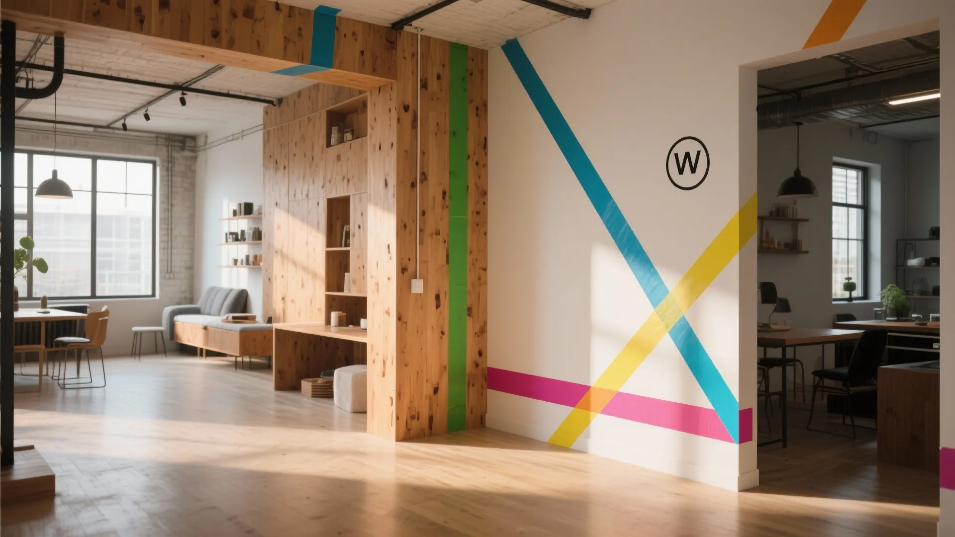 Modern open office space with wooden wall panel colorful tape lines sofa desk and large windows