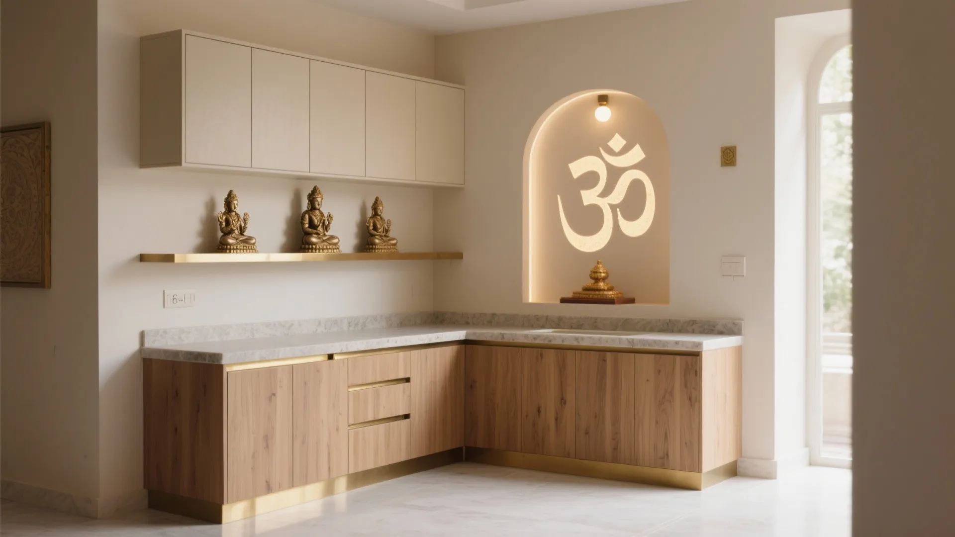 Compact Corner Temple with L-Shaped Storage