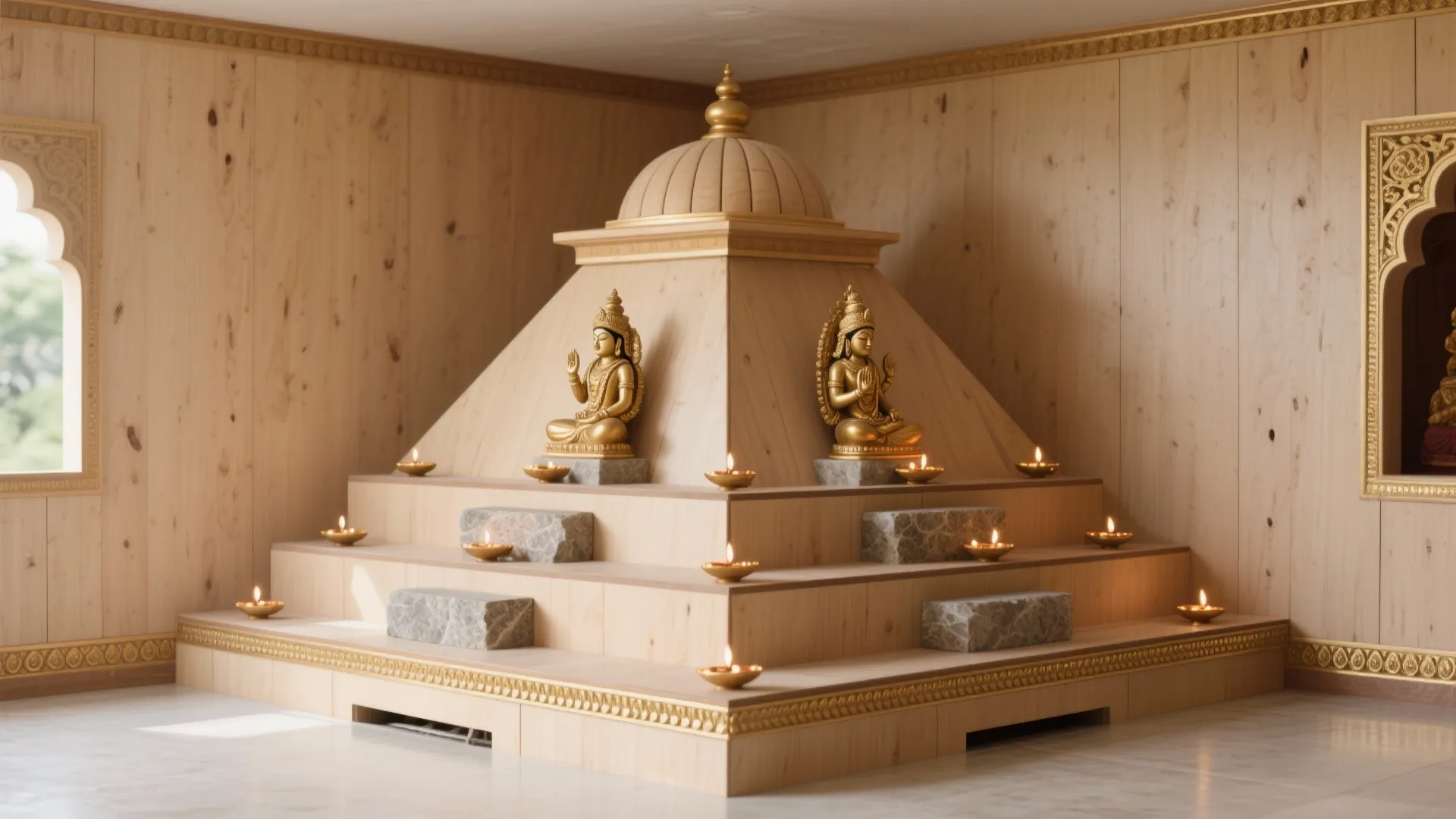 3) Corner Plywood Temple with Brass Accents and Steps