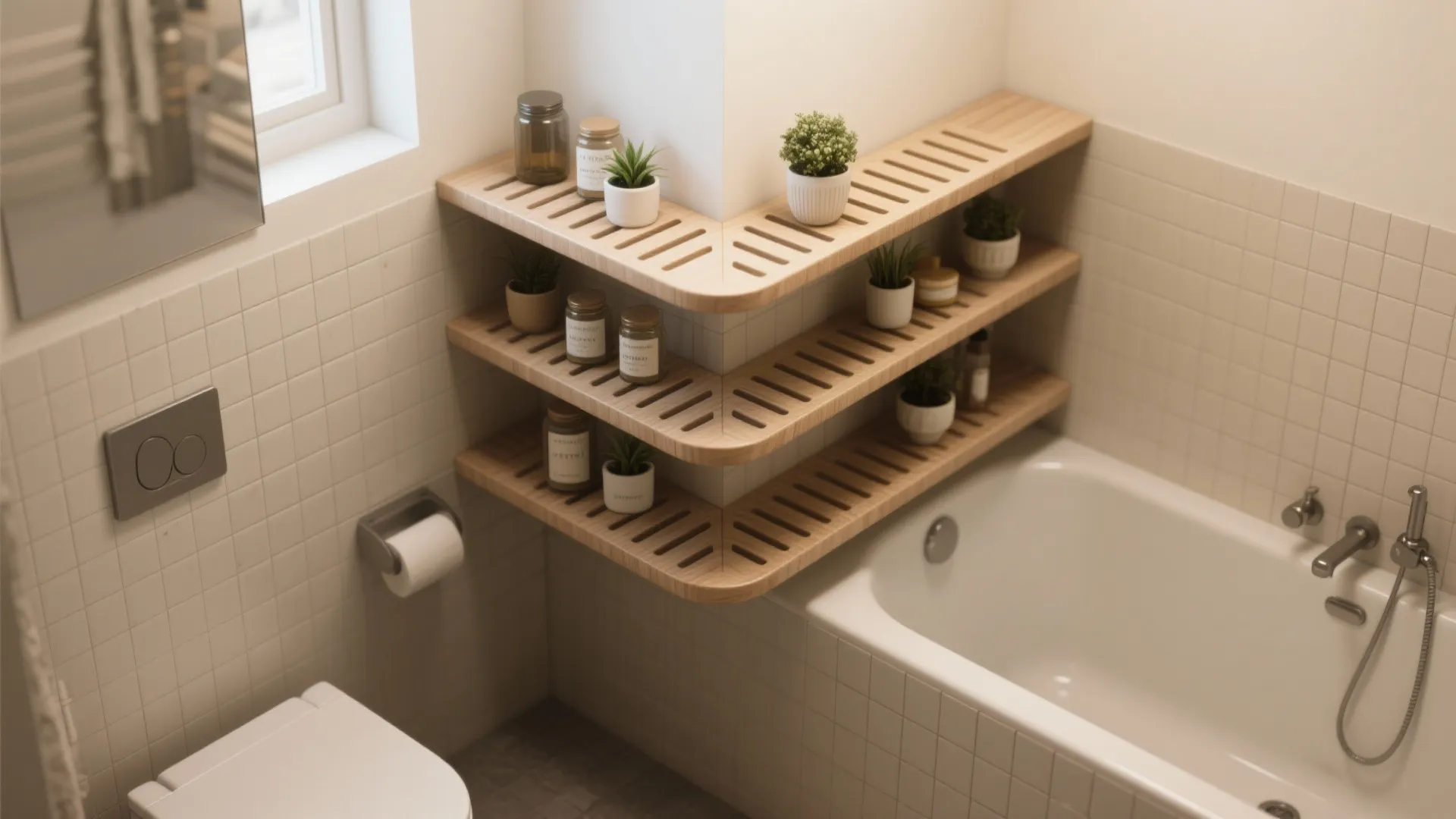 Three tiered wooden corner wall shelves holding small green plants and glass jars beside bathtub