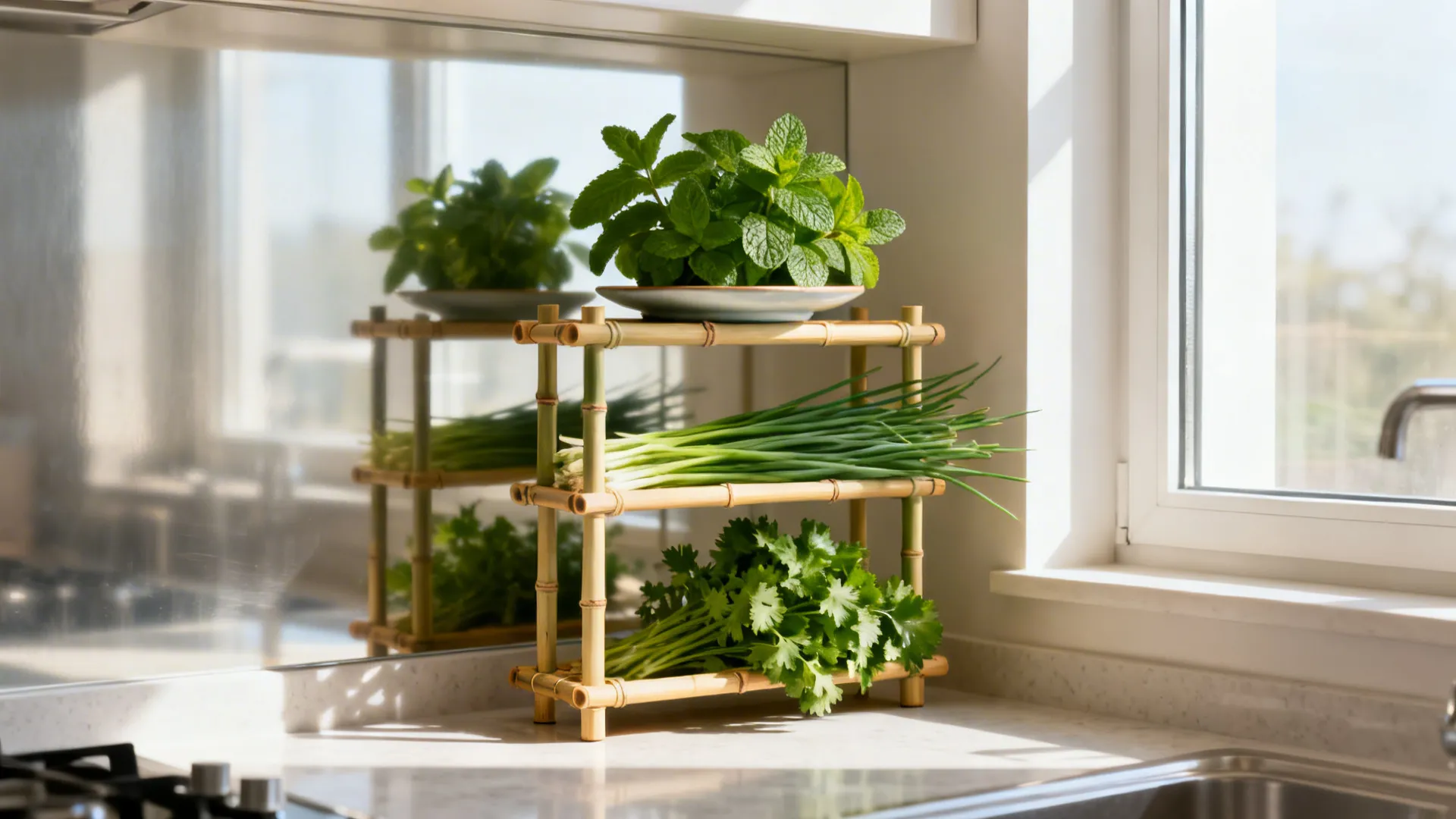 Tiered bamboo risers in a counter corner stack mint, chives, and parsley for better light.