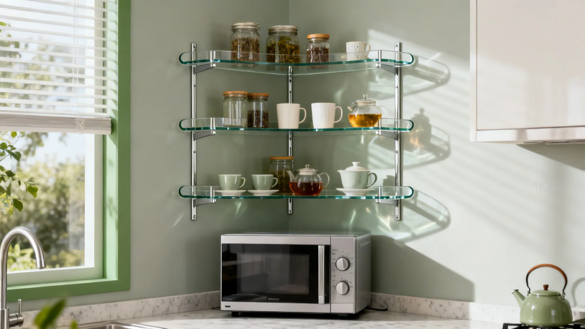 Three-tier glass corner shelves holding jars and tea sets above a microwave in a kitchen