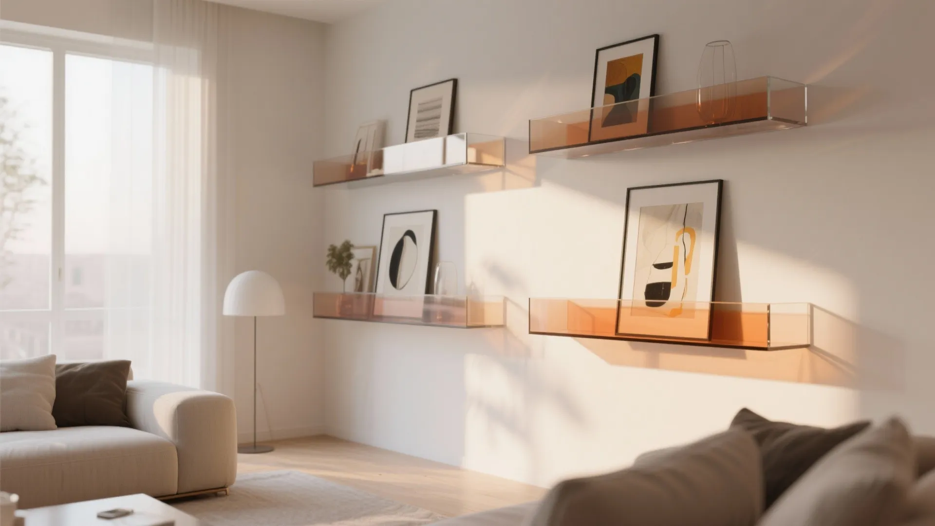 Tinted corner glass shelves with art pieces in sunlight-filtered living room