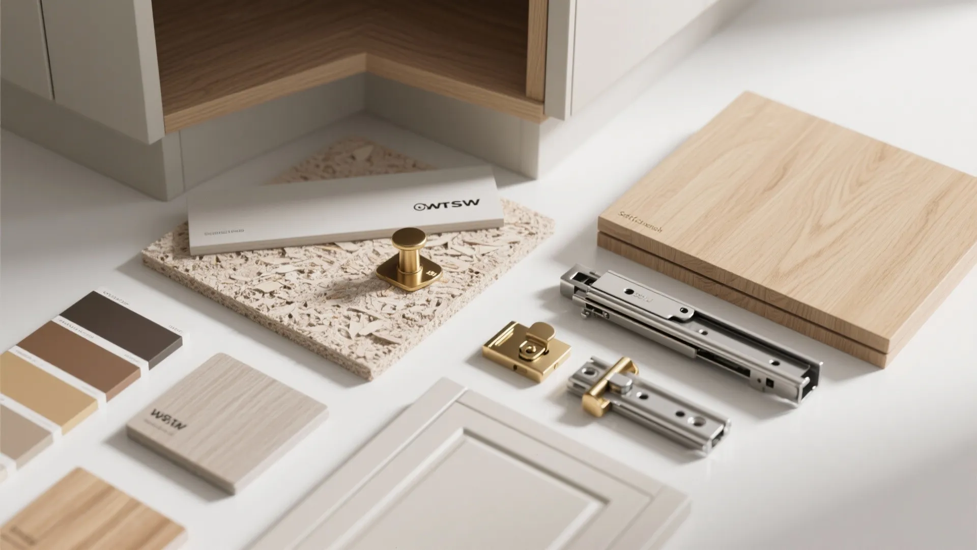 Interior design material samples featuring wood panels metal hinges gold handles and various color swatches