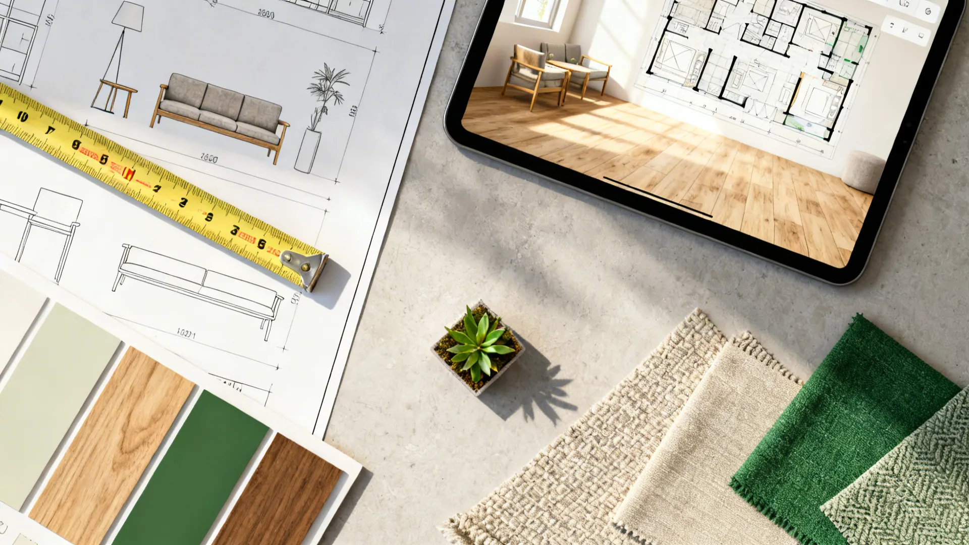 Top-down flatlay of measuring tools, color swatches and a tablet showing a floor planner for corner layouts