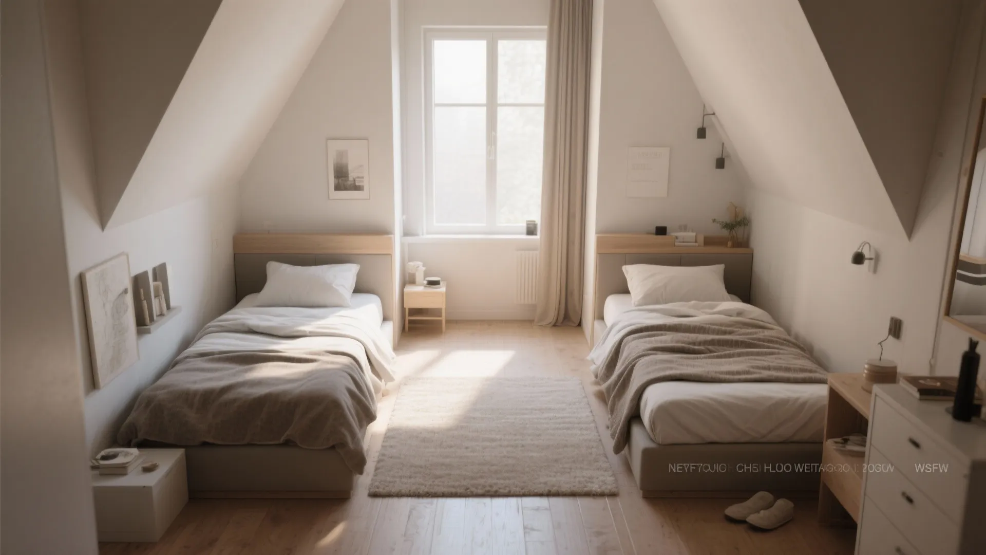 Symmetrical attic bedroom layout with two twin beds wooden floor white walls and natural sunlight