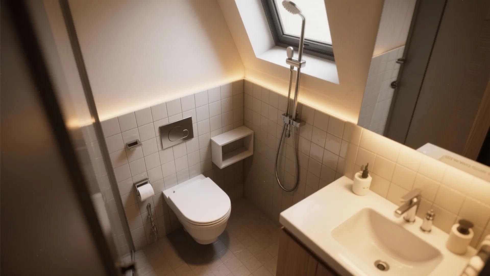 Small attic bathroom with white toilet sink shower head roof window and warm hidden lighting
