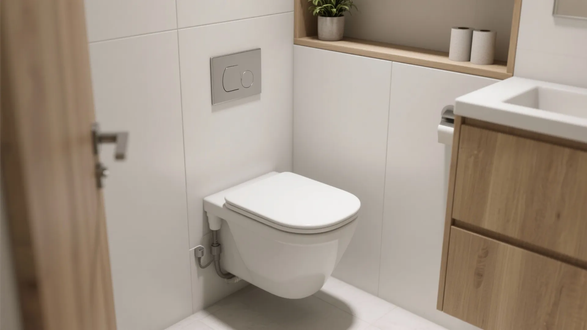 White wall mounted toilet with silver flush button next to wooden cabinet and shelf with plants