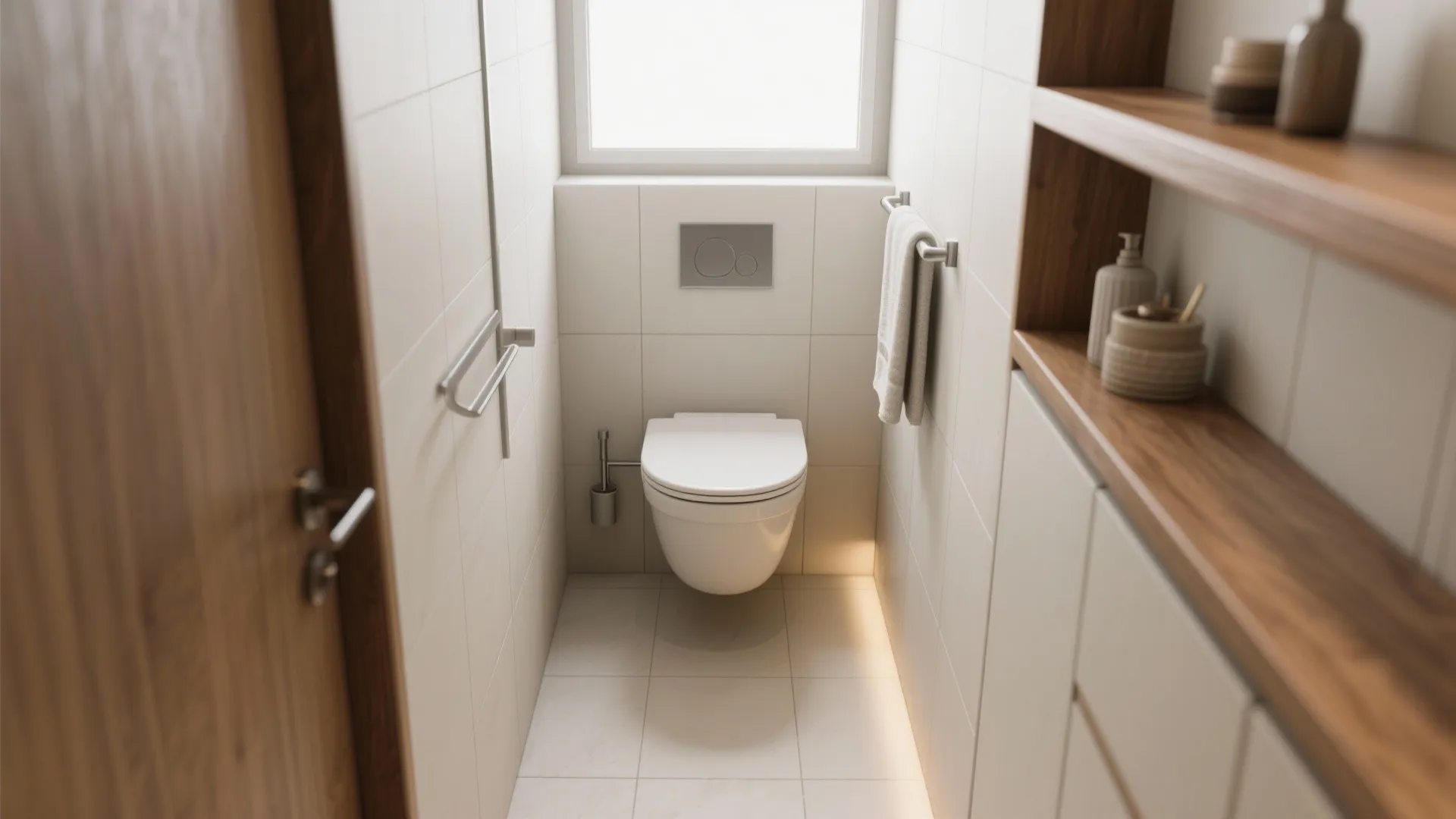 Narrow bathroom with a corner toilet optimizing circulation and wall space