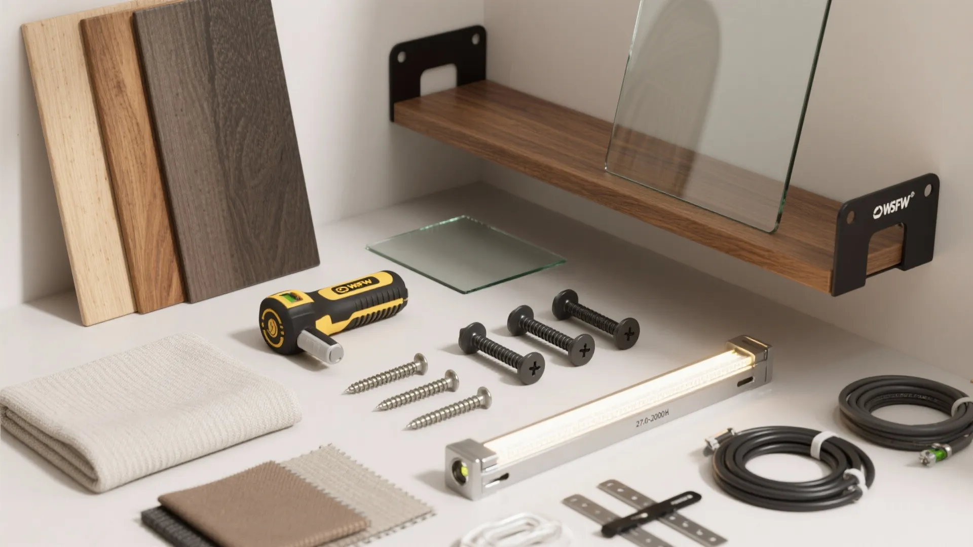 Top-down flat lay of shelf materials and tools on a neutral surface.