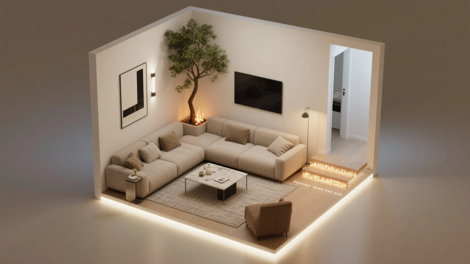 Modern interior design drawing of living room layout with beige sofa coffee table and indoor tree