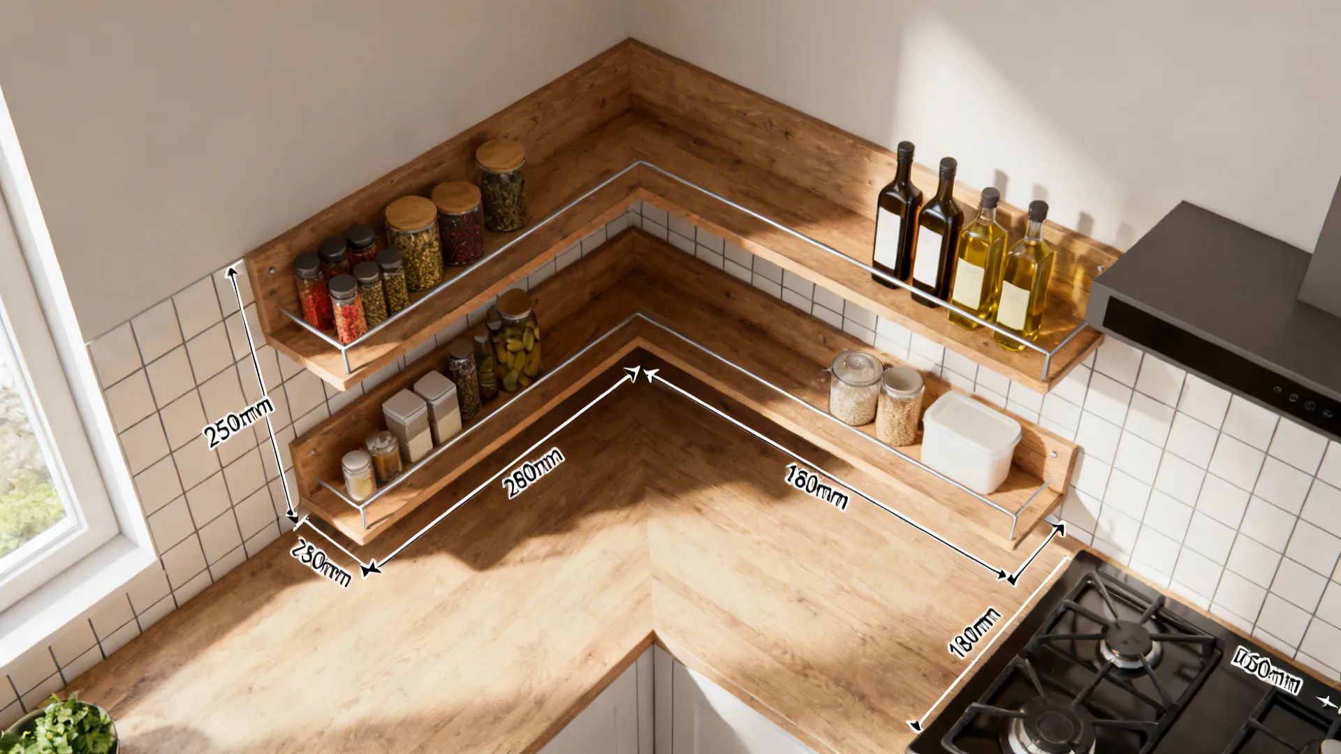Top-down view illustrating tapered corner shelf depths for spices and oils.