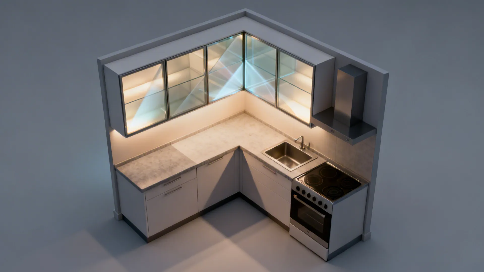 Top-down view of an L-shaped kitchen highlighting a glass-front corner cabinet.